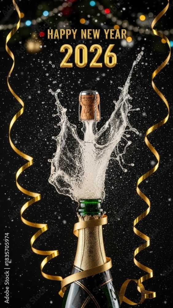 Naklejka premium Champagne bottle with cork popping, sparkling wine splashing, festive decorations, and New Year 2026 text. Celebratory atmosphere for Christmas and New Year.