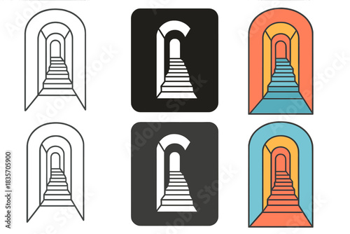 Infinite Abstract Stairs. Abstract staircase and corridor repeating into infinite dream layers, abstract minimal vector design,