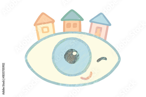Neighborhood Watch Eye. A tiny "neighborhood watch" eye with a winking face, cozy pastel doodle colors, No text, No labels,