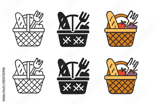 Minimal Picnic Basket Icons. Picnic basket with fruit, bread, and utensils spilling slightly over edge, clean geometric minimal