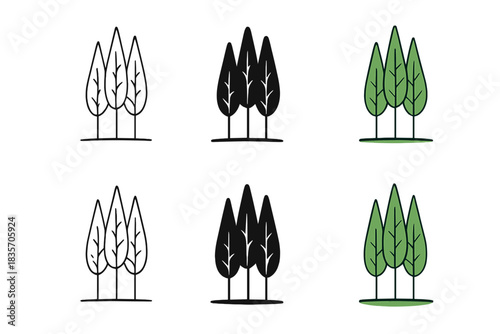 Stylized Beech Masts. Perspective view of beech masts rising vertically in forest, simple minimal vector icon, first in line style