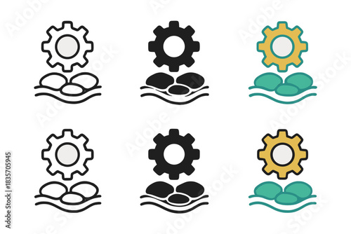 Mechanical Harmony Icons. Stylized gear and stone pattern icon representing mechanical harmony of traditional mill, modern yet