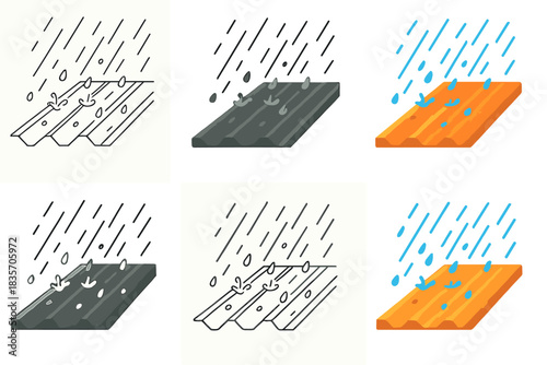 Rain on Metal Roof. Diagonal roof section under steady rain, droplets bouncing and sliding along metal grooves, calm atmospheric