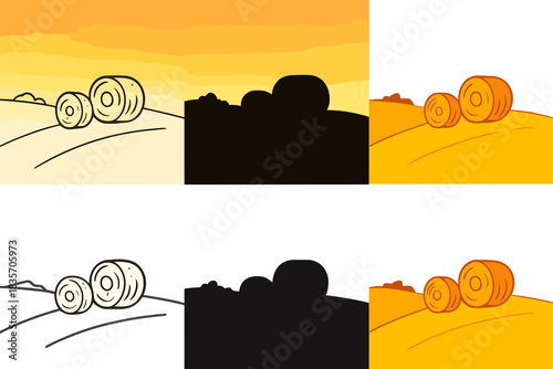 Serene Sunset Silhouette. Two hay bales on rolling hill with gradient sunset horizon, minimal countryside silhouette showing peace