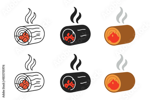 Smoldering Apple Log. Cross-section of smoldering apple log showing embers inside and smoke flow lines above, minimalist craft