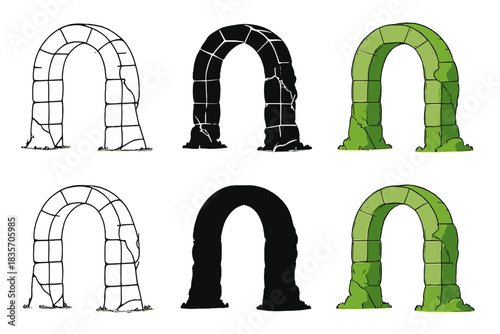 Moss-Covered Resilient Arch. Stone arch partially covered with moss, representing resilience and nature’s reclamation, clean