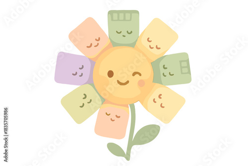 Winking Memory Blossom. A cute "memory blossom" flower with winking petals, soft harmonious pastel palette, No text, No labels,