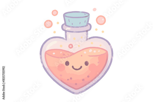 Smiling Heart Flask. A cheerful heart-shaped flask with smiling "emotion elixir," soft pastel doodle style, No text, No labels,