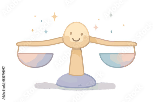 Sparkling Balance Scale. A smiling emotional balance scale with tiny floating sparkles, gentle pastel accents, No text, No labels,