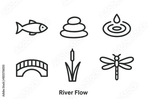 River Flow Icons. Line style icons of River Flow: fish, pebble, water ripple, bridge, cattail, dragonfly. No text, No labels,