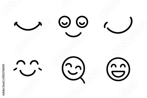 Joyful Line Icons. Line style icons of Joyful Lines: smiling mouth, bright eyes, playful curve, raised cheek, tilt of head, open