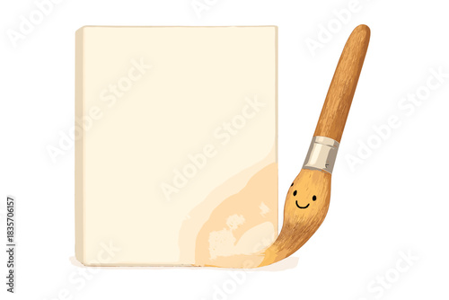 Dawn's First Stroke. a blank canvas with a smiling paintbrush making the first gentle stroke of dawn color, cream and pastel peach