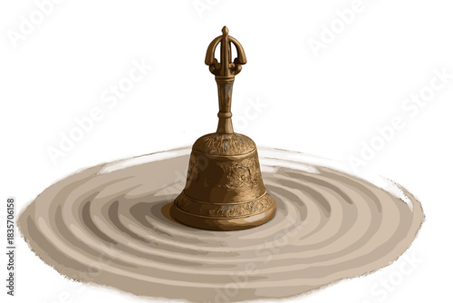 Bronze Bell Resonance. a small bronze meditation bell releasing visible sound waves shaped like calm circles, sand and soft gray