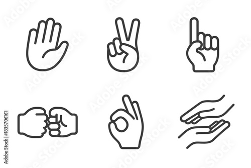Gesture Line Icons. Line style icons of Simple Movements: wave, peace sign, pointing up, fist bump, ok gesture, soft touch. No