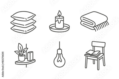 Cozy Interior Icons. Line style icons of Cozy Interiors: stack of pillows, candle on tray, warm blanket fold, corner shelf with