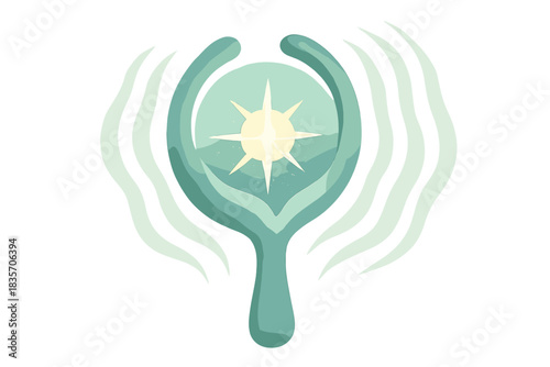 Celestial Nurturer. a gentle instrument shaped like a tuning fork nurturing a newborn star with radiant light waves, teal and