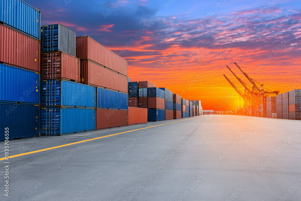 Fototapeta premium Cargo containers are stacked at a shipping port during sunset with cranes in the background