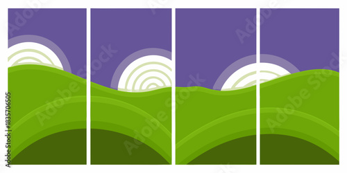 Abstract green hills with white sun on purple sky background