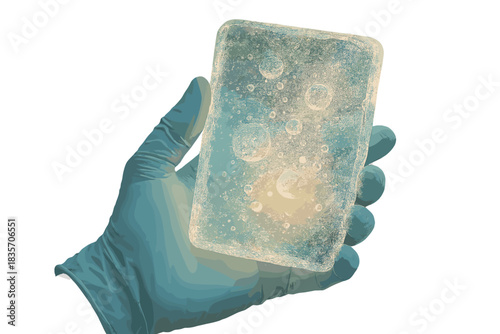 Glowing Ice Discovery. a scientist’s gloved hand holding a transparent ice segment glowing with trapped air bubbles, soft azure