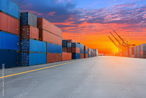 Wallpaper Mural Cargo containers are stacked at a shipping port during sunset with cranes in the background Torontodigital.ca