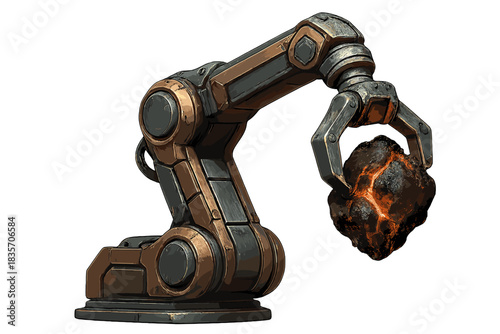 Robotic Arm Handling Samples. a robotic arm with heat-proof plating carefully handling extreme-environment samples, bronze and