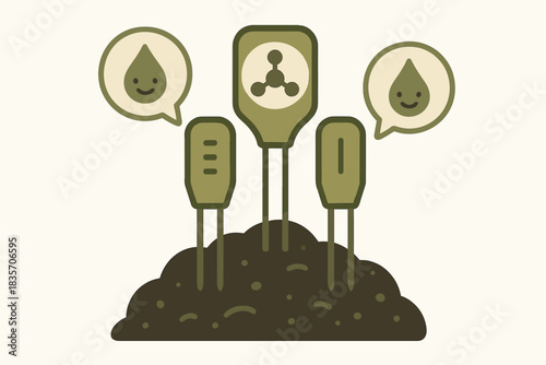 Smiling Soil Sensors. a cluster of soil-health sensors with smiling data icons showing moisture and nutrient levels, olive and