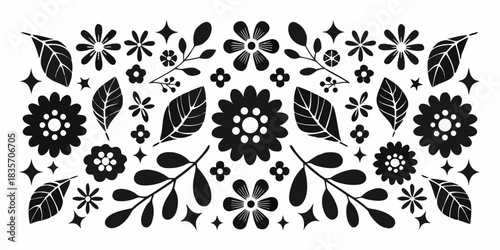 Black and white floral pattern with flowers leaves branches and stars