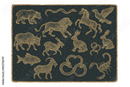 Parchment Star Map. a parchment star map showing historical constellations with softly glowing animal outlines, indigo and cream