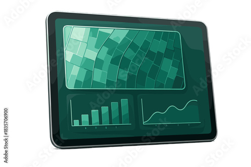Field Analytics Visualization. a tablet displaying field analytics combining planting density, soil richness, and hydration data,