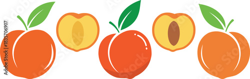 Flat Illustration of Peaches Whole and Halved with Green Leaves Keywords: peach, fruit, food, healthy