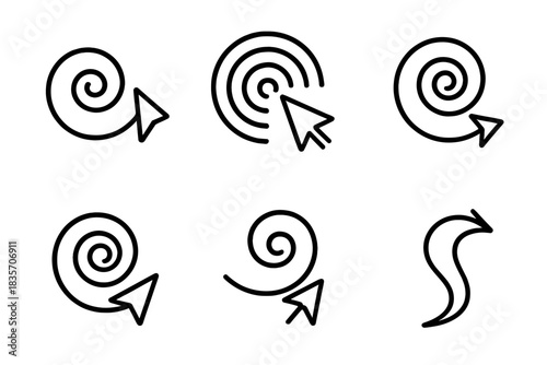 Reflective Swirl Icons. Icons for: a reflective swirl pointer, a mirrored vortex signal, a polished spiral compass, a glossy whirl