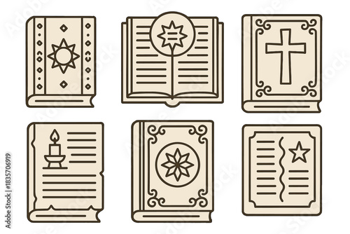 Sacred Art Icons. Icons for: a sacred codex wall engraving, a divine manuscript mural, a holy tome fresco, a ritual page artwork,