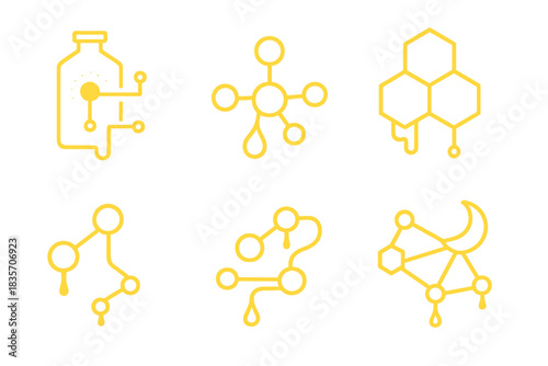 Sweet Data Networks. Icons for: syrup circuits glowing faintly, liquid energy nodes in shadow, honey-linked data hubs, nocturnal