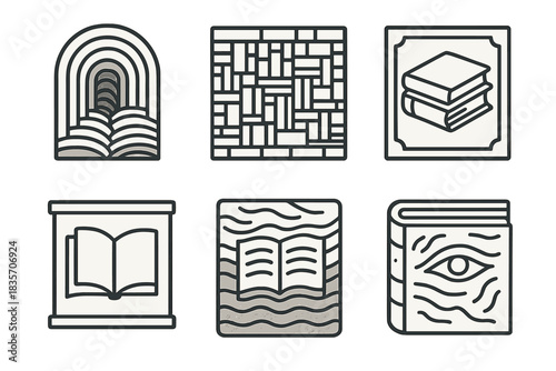 Book Mural Depth. Icons for: a layered book mural revealing depth, a wall of volumes forming abstract art, a stacked tome fresco