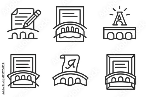 Illuminated Textual Bridges. Icons for: writing bridge vitrines of clarity, transparent page structures, glass-framed script arcs,