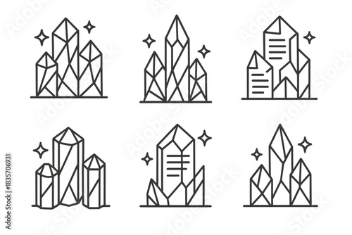 Radiant Crystal Towers. Icons for: crystalline paper towers rising with clarity, faceted sheet spires reflecting light, folded