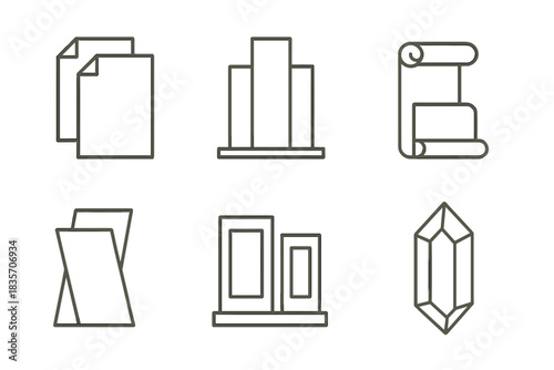 Minimal Document Sculptures. Icons for: minimal transparent document sculptures, abstract page columns, geometric scroll towers,