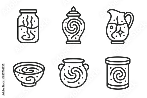 Iconic Glowing Containers. Icons for: luminous core flow jars, glowing vortex urns, radiant water containers, shining swirl basins