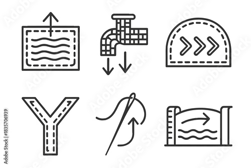 Textile Navigation Icons. Icons for: textile navigation flow controls, fabric-like water regulators, stitched current limiters,