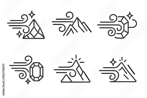 Crystalline Summit Zephyrs. Icons for: zircon summit air flows shimmering through altitude, crystalline ridge breezes, reflective