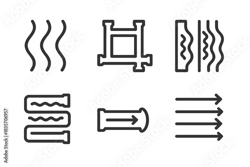 Fluid Conduit Icons. Icons for: oriented liquid conduits, aligned pipe networks, structured water channels, linear fluid pathways,