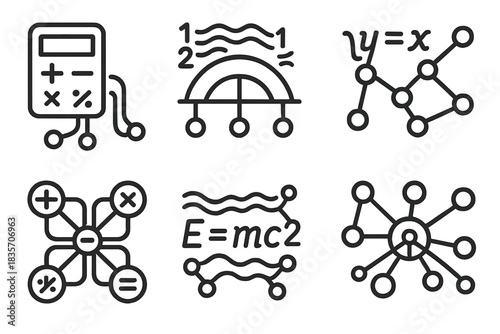 Mathematical Connection Icons. Icons for: transforming calculations into connections, flowing numeric bridges, equations turning