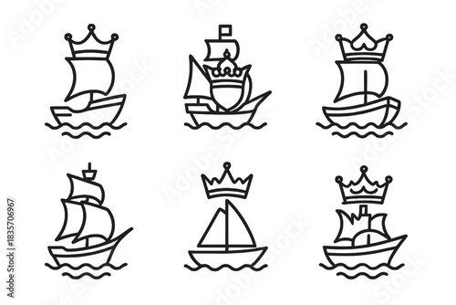 Crowned Vessels. Icons for: crowned boat scenes, vessels adorned with crests, maritime crowns above decks, noble sail compositions