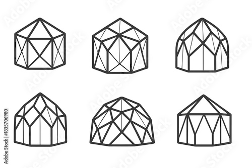 Crystal Pavilion Icons. Icons for: crystal pavilion symbols, faceted shelter outlines, translucent gem-structure halls, radiant