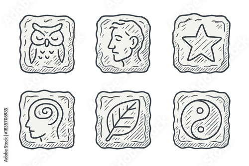 Frozen Wisdom Icons. Icons for: wise frozen engravings, thoughtful ice inscriptions, carved snow wisdom marks, insightful frost