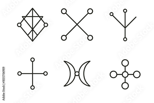 Geometric Magic Symbols. Icons for: geometric magic junction diagrams, linear enchanted connection symbols, minimalist union