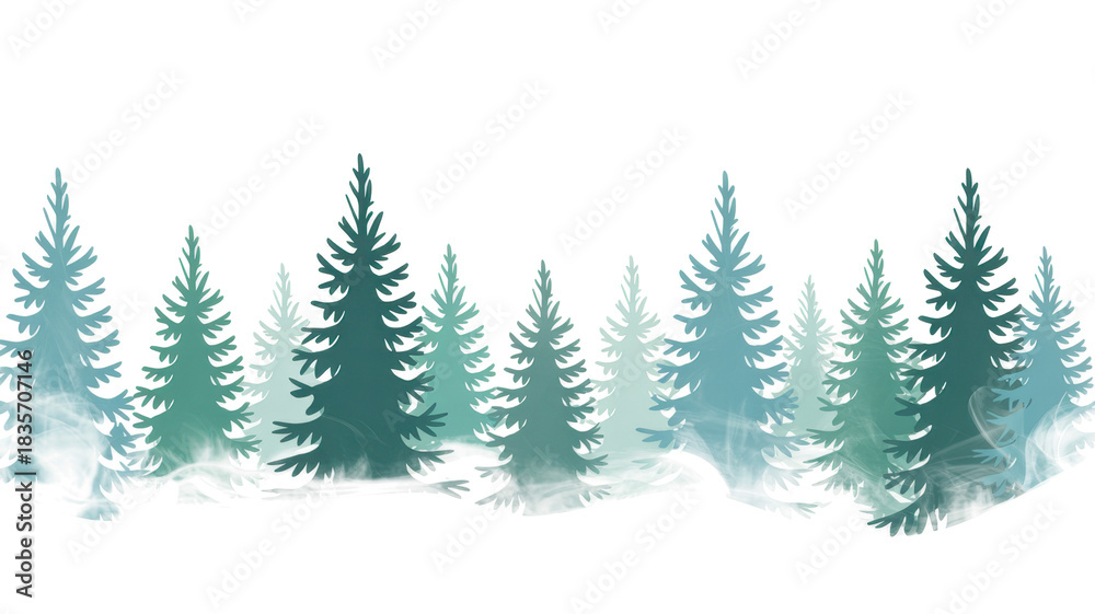 Obraz premium Pine trees forest isolated on white background Black stylized silhouette photo