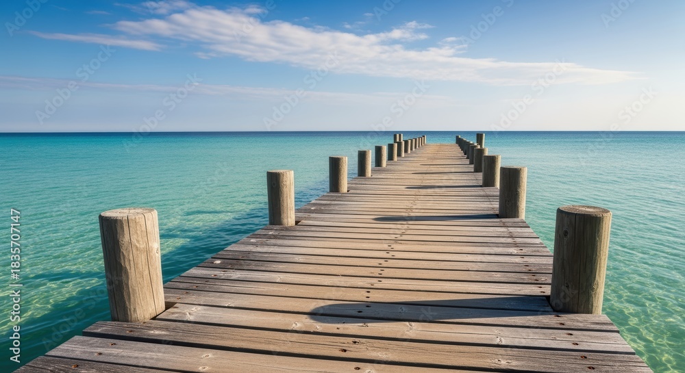 Obraz premium A tranquil wooden pier stretches over a serene, turquoise beach. Beneath a clear, blue sky with wispy clouds, this peaceful scene offers a relaxing escape to a tropical paradise.