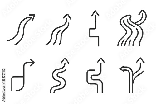 Innovative Route Icons. Line vector icons of innovative route shifts: modern trajectory arrows, evolving road lines, flexible