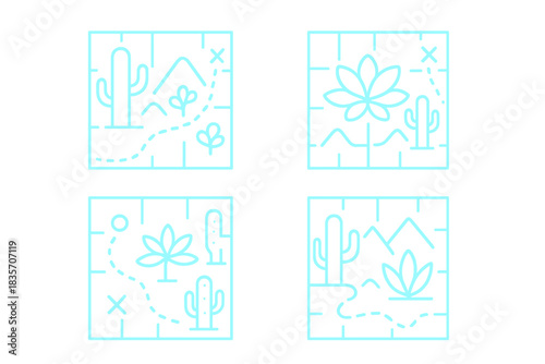 Neon Cactus Maps. Line vector icons of electric arid vegetation maps: neon cactus charts, bright succulent coordinates, radiant
